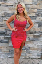 Red Sequins Lace-Up Tight Short Homecoming Dress