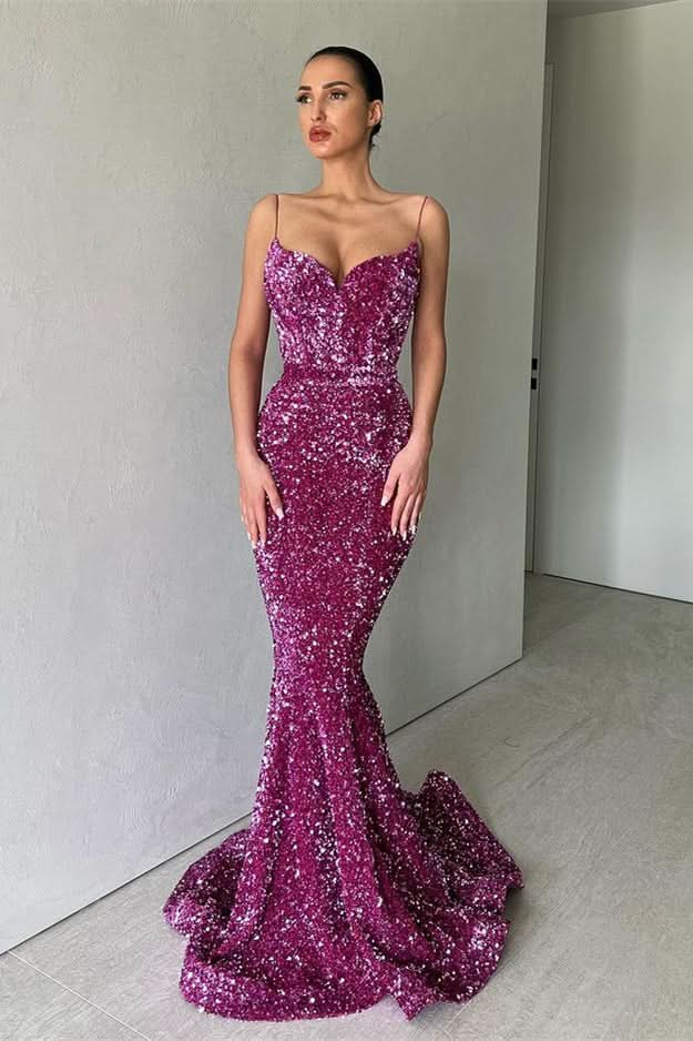 Purple Sequins Mermaid Long Evening Dress Spaghetti Strap BM bride