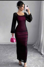 Square Neck Long Sleeves Long Mermaid Prom Dress With Pleated