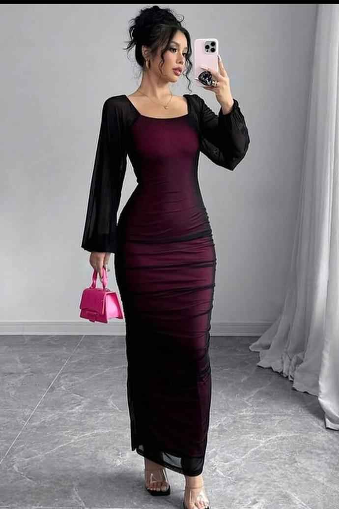 Square Neck Long Sleeves Long Mermaid Prom Dress With Pleated