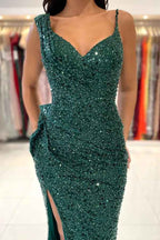 Green Prom Dress Spaghetti Strap With Split Pleated Sequins
