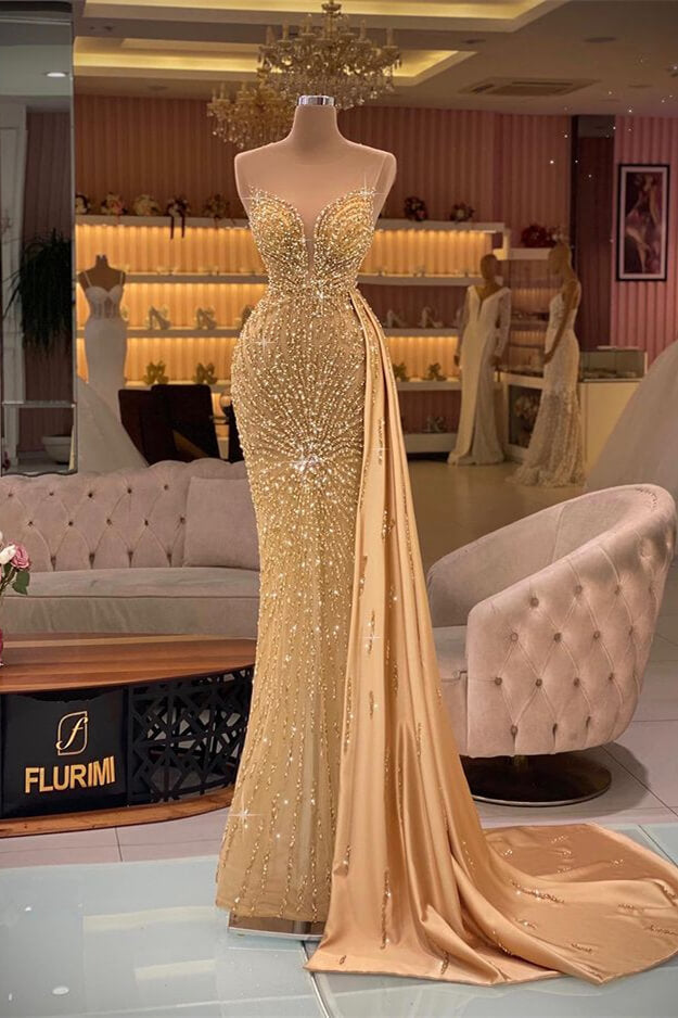 Stunning Gold Mermaid Evening Dress with Sweetheart Neckline and Rhinestone Ruffle BM bride
