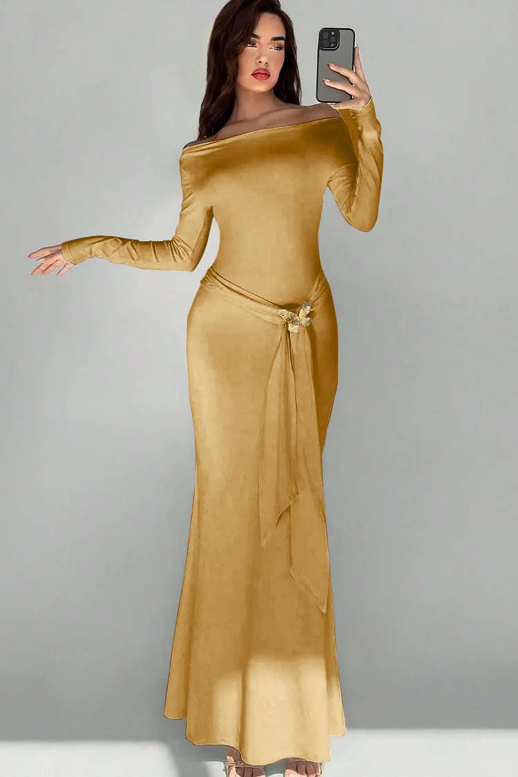Off the Shoulder Long Sleeves Long Mermaid Prom Dress With Appliques BMBRIDE