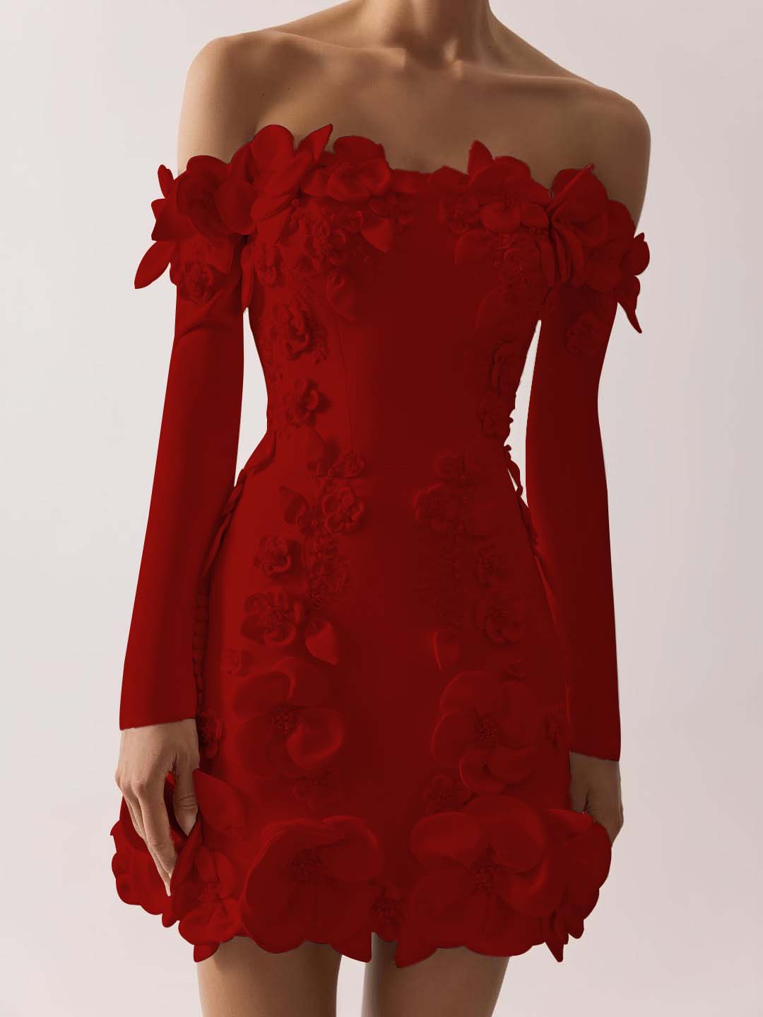 Off the Shoulder Long Sleeves Short Prom Dress With Appliques BMBRIDE