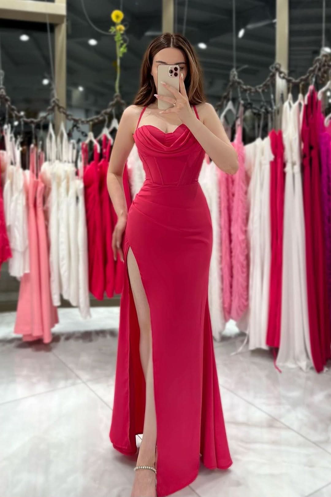 Black Spaghetti Strap Evening Dress Gown with High Slit BM bride