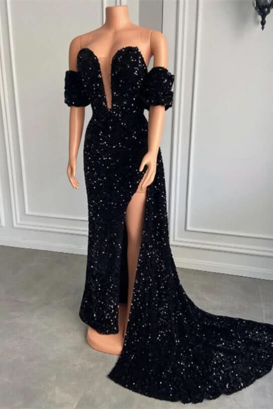 Bubble Sleeves Strapless Mermaid Prom Dress with Split BM bride