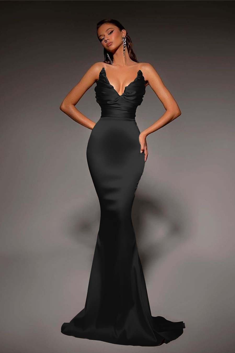 Strapless V Neck Sleeveless Long Mermaid Prom Dress With Pleated BMBRIDE