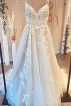 A-line V-neck Backless Long Wedding Dress With Tulle BM bride