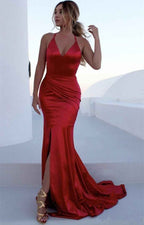 Modern Halter V Neck Sleeveless Long Prom Dress Mermaid With Front Split