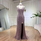 Luxurious Square Beaded Embroidered Formal Evening Dress with Slit BM bride
