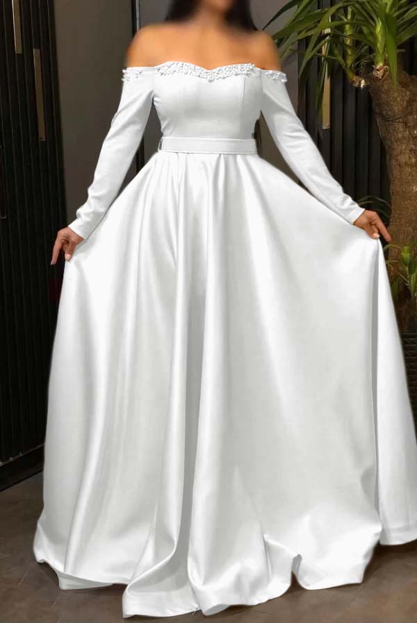 Off the Shoulder Long Sleeves Long Prom Dress With Pleated Beading BMBRIDE
