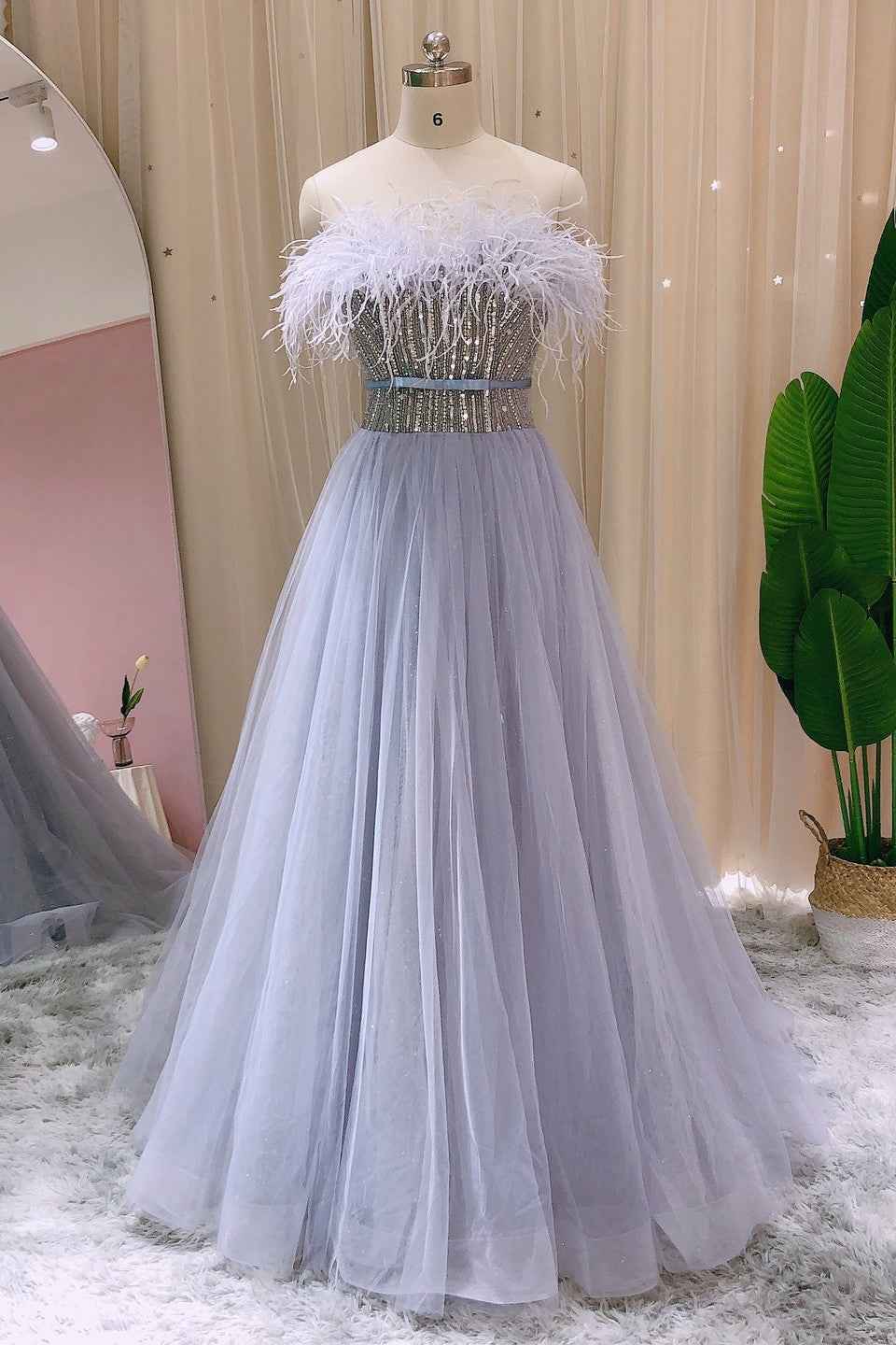 Amazing A Line Strapless Prom Dress Tulle With Feathers Appliques