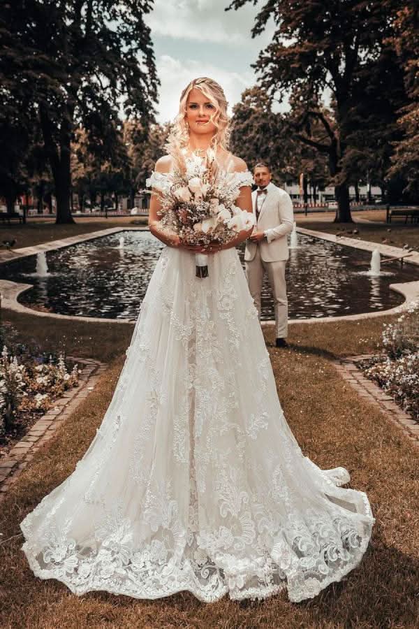 Long A-Line Off-the-Shoulder Wedding Dress with 3D Floral Lace Appliques BM bride