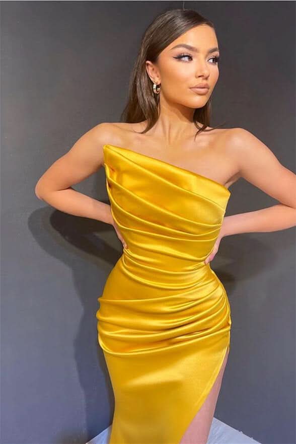 Elegant Yellow Strapless Sleeveless Mermaid Prom Dress with Split On Sale BM bride