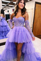 Hot Pink High Low Detachable Sleeves Corset Homecoming Dress with Lace Bmbride