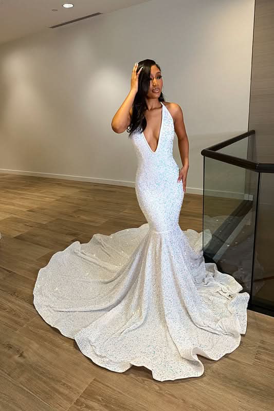 Fantasy White Sleeveless V Neck Halter Evening Dress with Sequins BM bride
