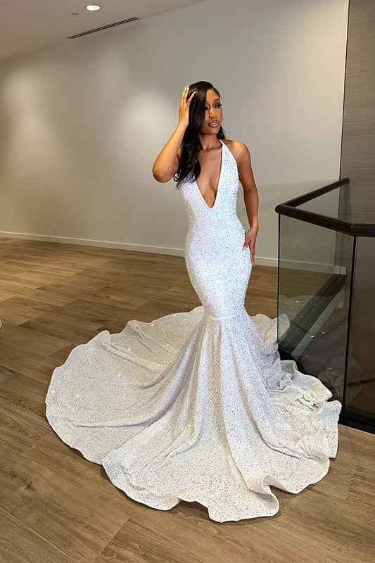 White Deep V Neck Laser Light Sleeveless Mermaid Princess Prom Dress Trumpet Open Back