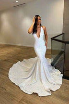 White Deep V Neck Laser Light Sleeveless Mermaid Princess Prom Dress Trumpet Open Back