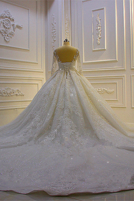 Long Sleeve Ball Gown Beaded Church Train Wedding Dress with Lace Appliques BM bride