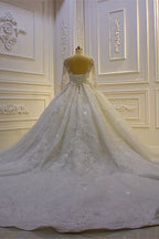 Long Sleeve Ball Gown Beaded Church Train Wedding Dress with Lace Appliques BM bride