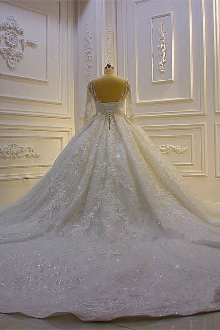 Long Sleeve Ball Gown Beaded Church Train Wedding Dress with Lace Appliques BM bride
