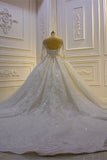 Long Sleeve Ball Gown Beaded Church Train Wedding Dress with Lace Appliques BM bride