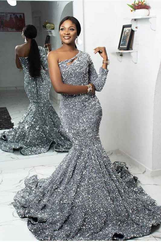 One Shoulder Long Sleeve Long Mermaid Prom Dress With Sequin