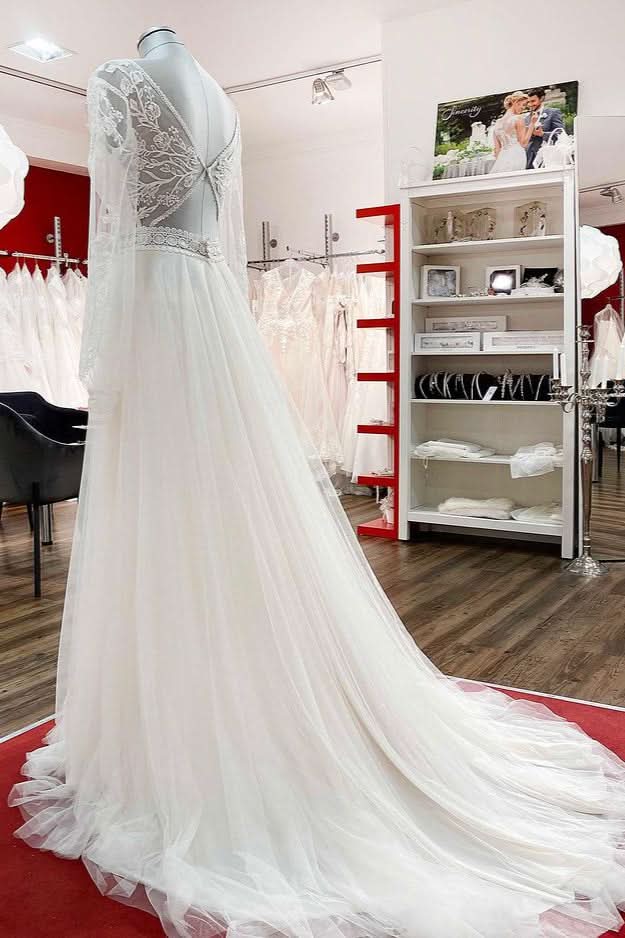 Long A-Line Sweetheart Wedding Dress with Sleeves, Appliques, Tulle, and Beadings BM bride