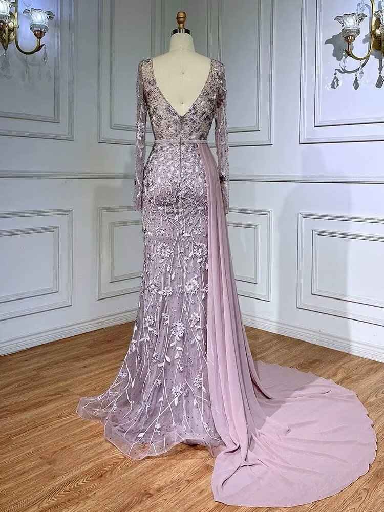 Exquisite V Neck Long Sleeves Appliques Bead Embroidery Prom Dress