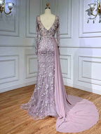 Exquisite V Neck Long Sleeves Appliques Bead Embroidery Prom Dress