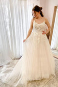 Simple Long Halter A-line Tulle Wedding Dress With Lace BM bride