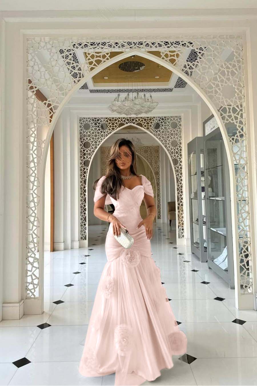 Sweetheart Short Sleeves Long Mermaid Prom Dress With Pleated BMBRIDE