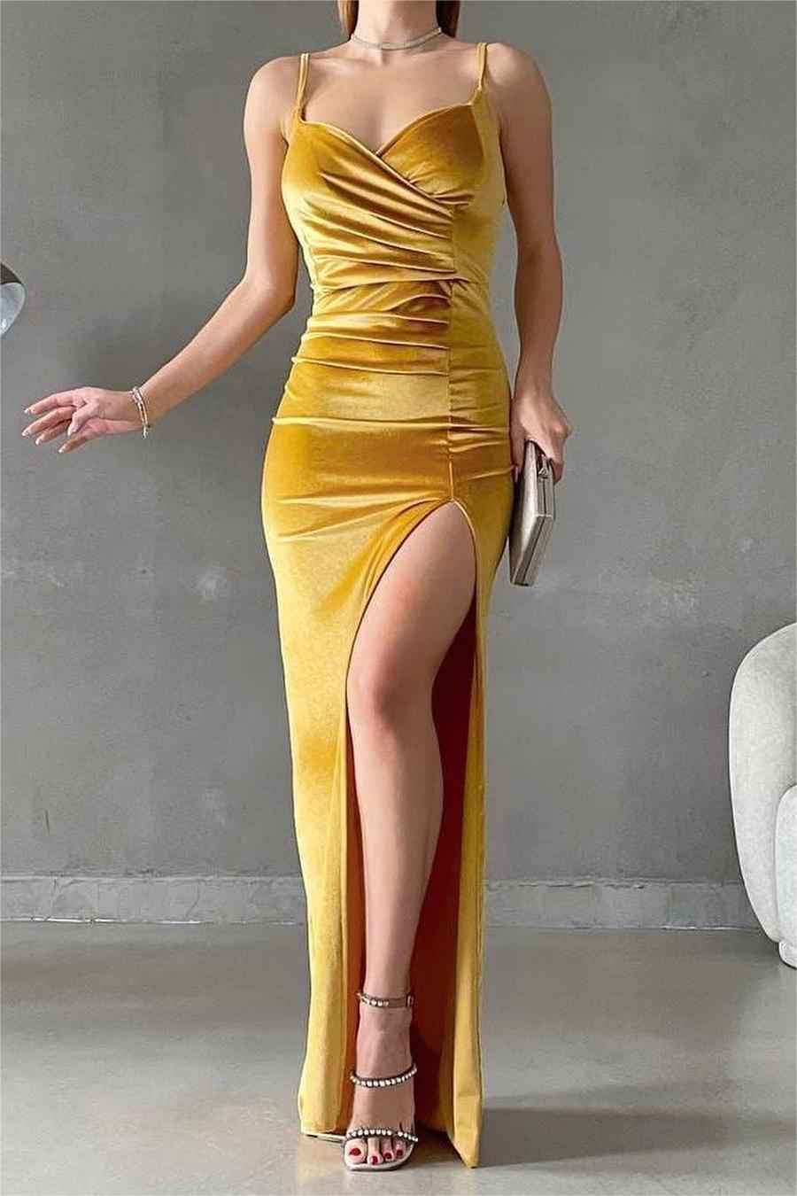 Black Velvet Spaghetti Strap Sleeveless Pleated Long Prom Dress With Split