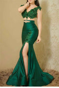 Dark Green Two Pieces Sleeveless Pleated Mermaid Long Prom Dress With Beadings