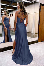 Hot Pink Spaghetti Straps Satin Mermaid Prom Dress with Slit