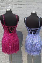 Glamorous Sparkly Sheath Spaghetti Straps Gold Short Homecoming Dress with Stylish Tassel Accents BM bride