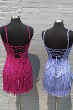 Sparkly Golden Spaghetti Straps Sequins Fringed Tight Short Hoco Dress Bmbride
