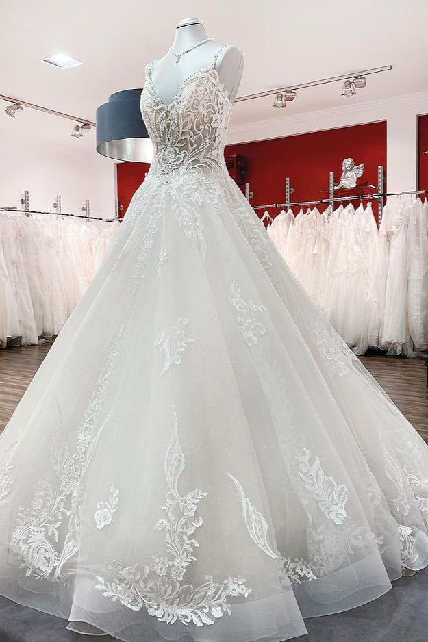 V-Neck Spaghetti Strap Ball Gown Tulle Wedding Dress with Lace Ruffles BM bride