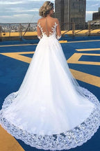 V-Neck Long Sleeve A-Line Wedding Dress with Lace BM bride