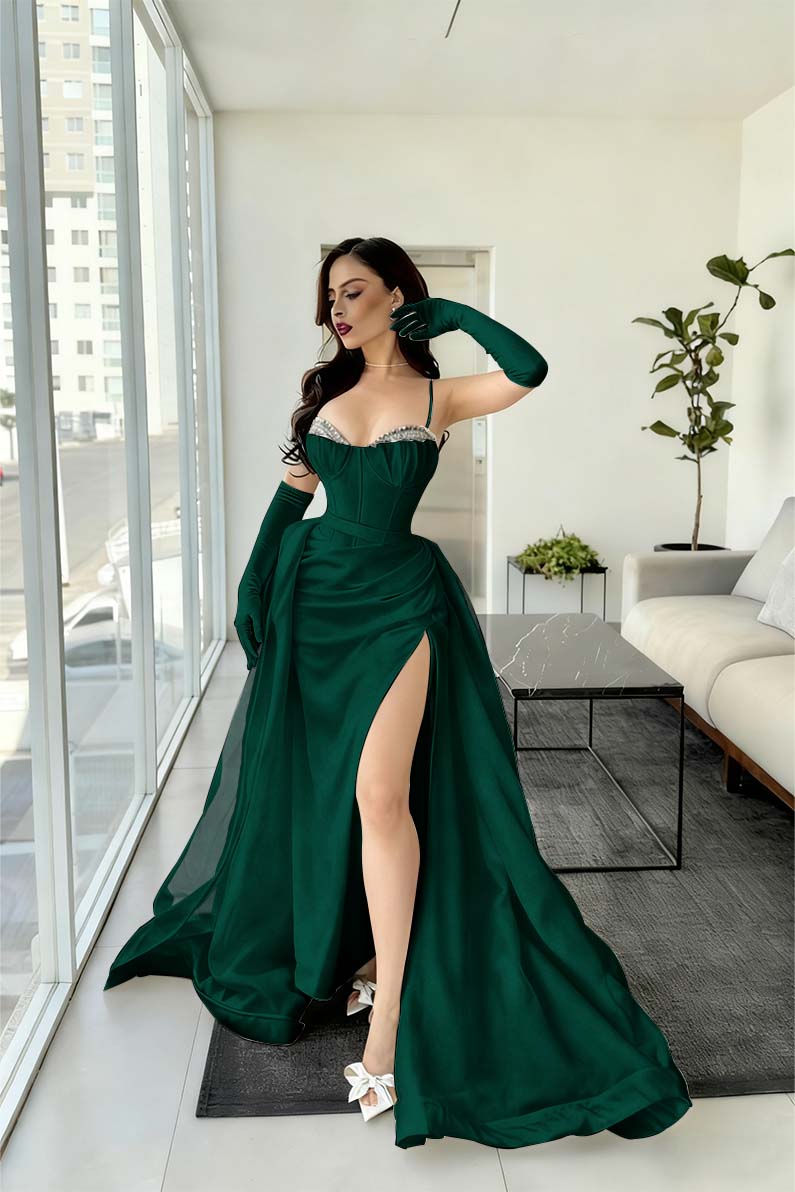 Spaghetti Strap Sleeveless Long Mermaid Prom Dress With Split Gloves BMBRIDE