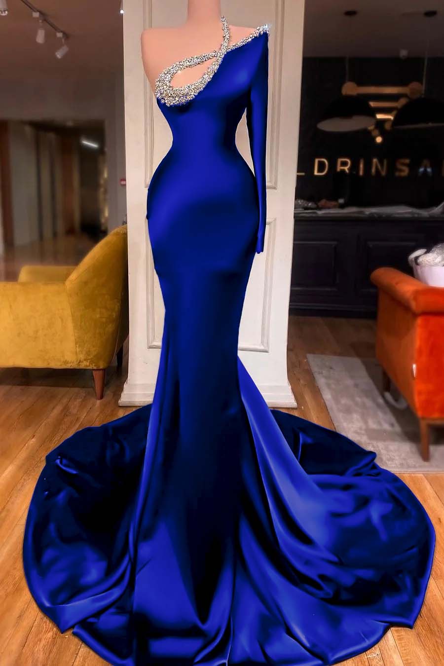 One Shoulder Long Sleeve Mermaid Long Prom Dress With Beading BMBRIDE