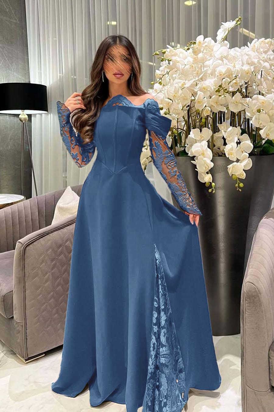 White Off the Shoulder Long Sleeves Long Prom Dress With Appliques BMBRIDE