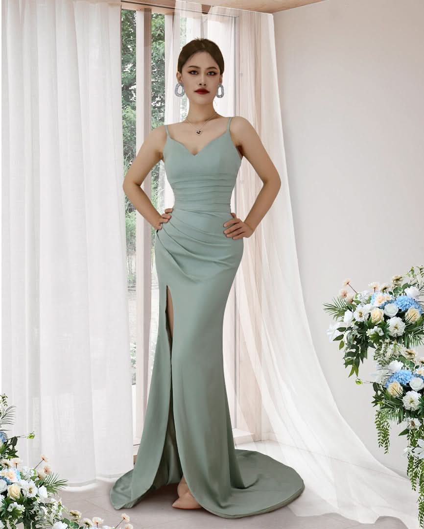Seafoam Green Spaghetti-Strap Prom Dress with Pleated Slit BM bride