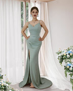 Seafoam Green Spaghetti-Strap Prom Dress with Pleated Slit BM bride