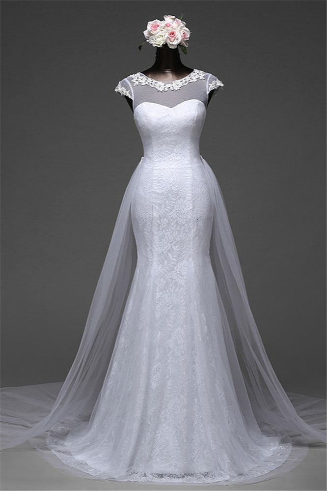 Jewel Neck Long Mermaid Lace Wedding Dress with Tulle Overskirt BM bride