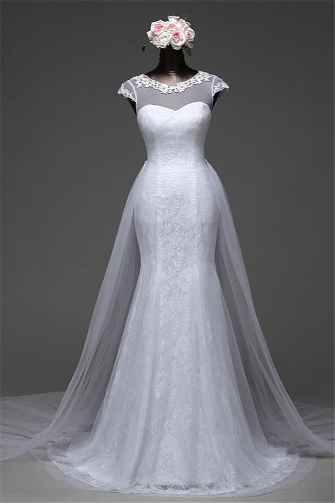 Jewel Neck Long Mermaid Lace Wedding Dress with Tulle Overskirt BM bride
