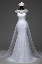 Jewel Neck Long Mermaid Lace Wedding Dress with Tulle Overskirt BM bride