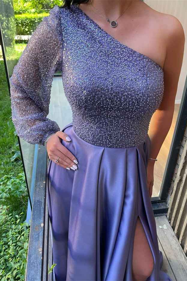 One Shoulder Long Sleeve Lilac Front Split Prom Dress With Sequins