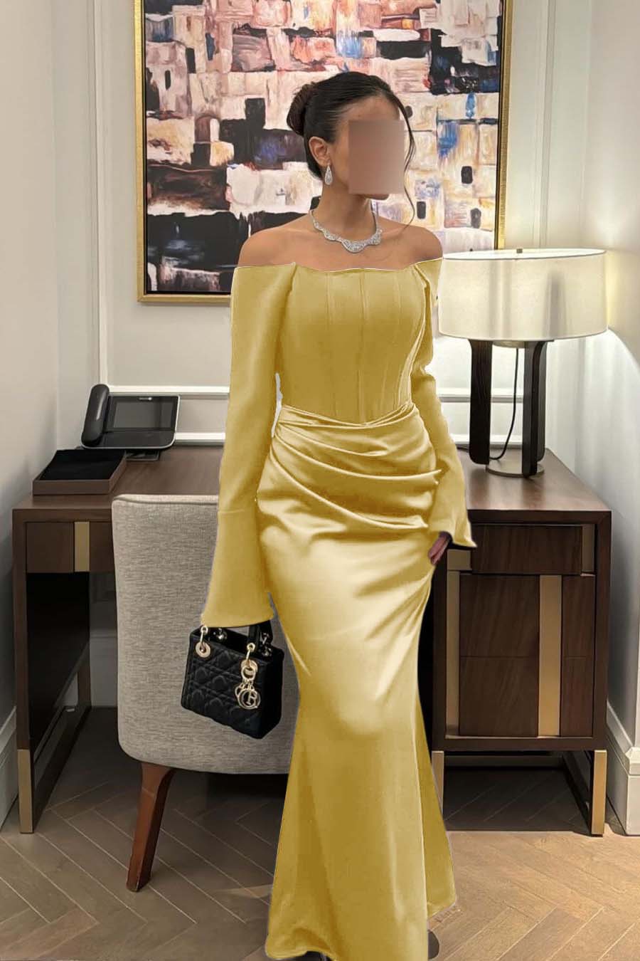 Strapless Long Sleeves Mermaid Long Prom Dress With Pleated BMBRIDE