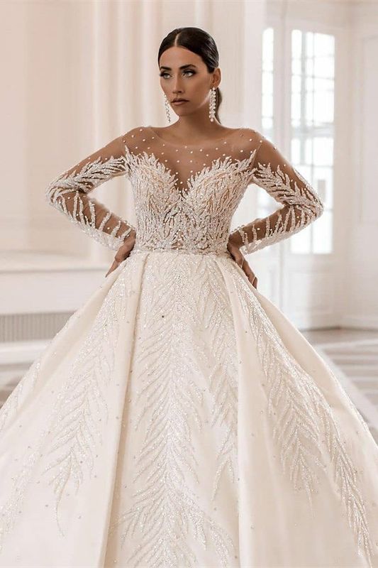 Glamorous Long Sleeve Bateau A-Line Satin Wedding Dress with Crystal and Pearl BM bride